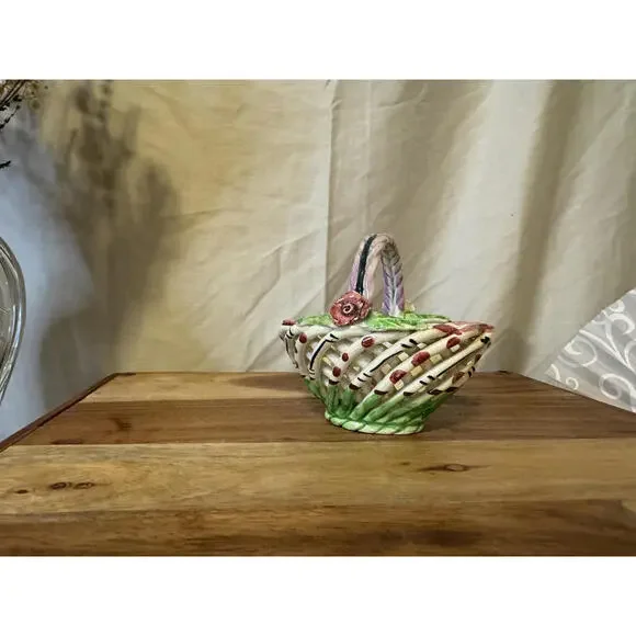 Vintage Spanish Hand-Painted Woven Lattice Pottery Basket Trinket Dish - Picture 3 of 10